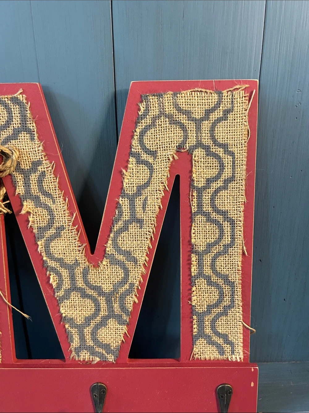 Hand Crafted Red Burlap Letter “M” Wall Hook with Yellow Burlap Flower